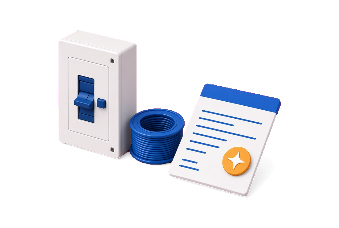 Illustration of a white breaker, a cobalt wire spool, and a blank invoice