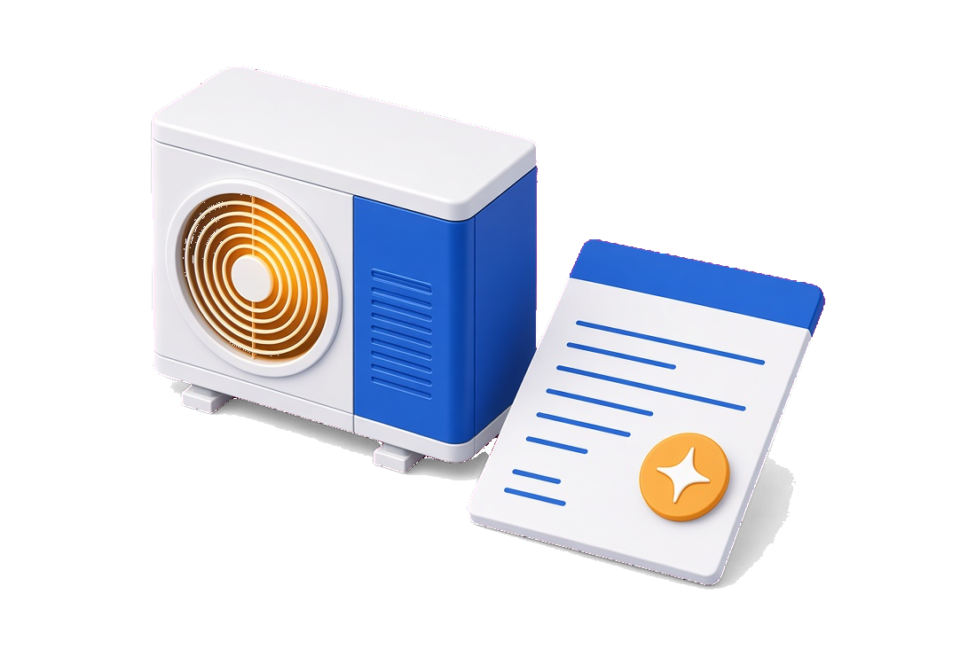Illustration of a white outdoor condenser with a cobalt side and a blank invoice