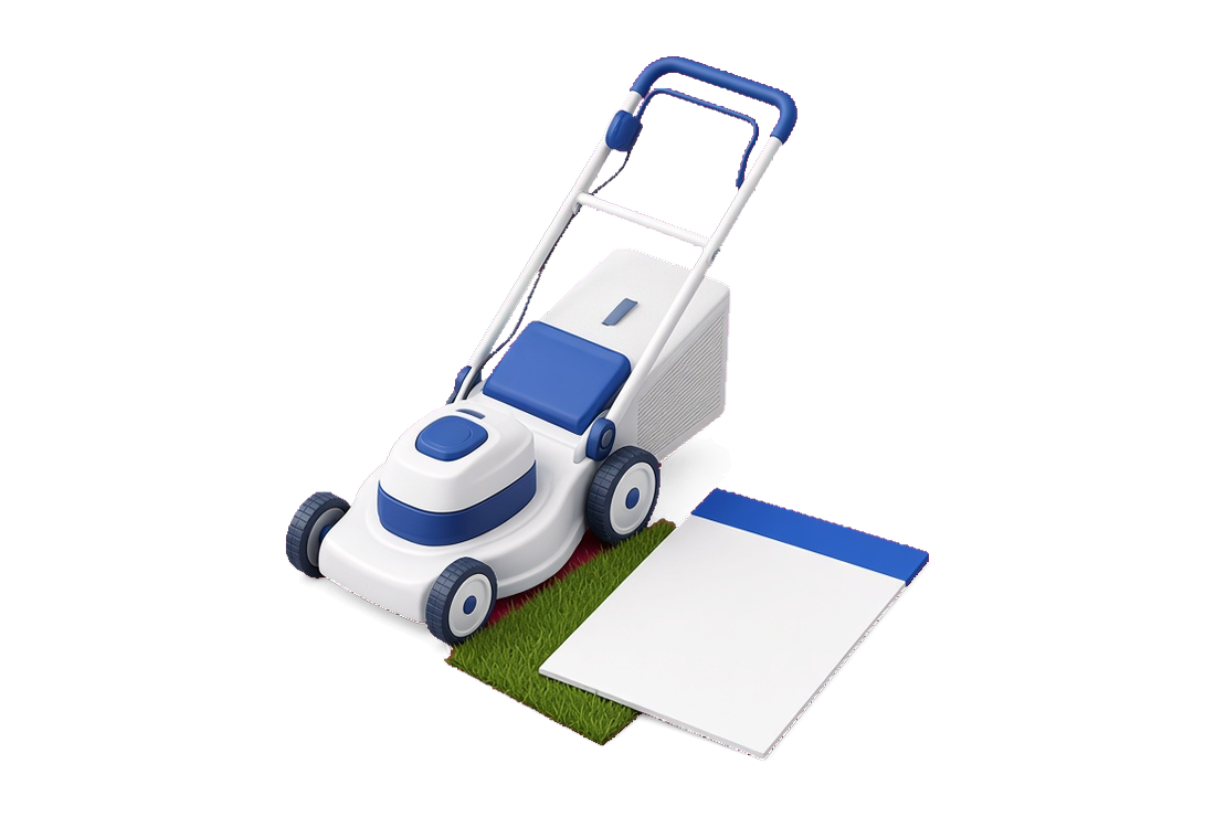 Illustration of a push mower on a square of grass and a blank invoice