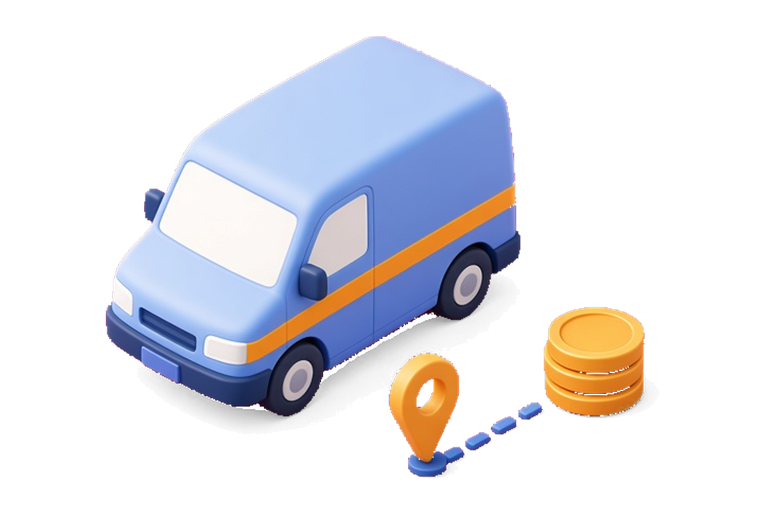 Illustration of a blue work van with an amber stripe, a map pin, a short dashed path, and a stack of coins