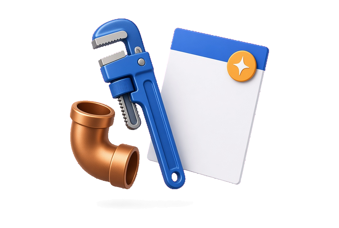 Illustration of a pipe wrench, a copper elbow, and a blank invoice