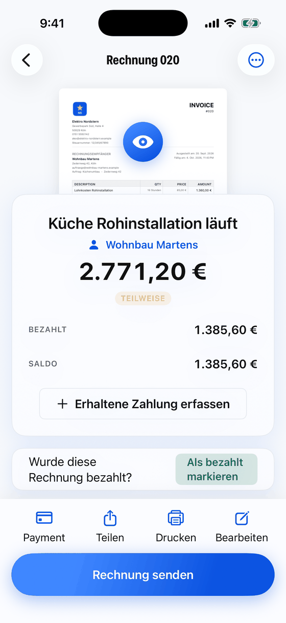 Eine Rechnung, teilweise bezahlt