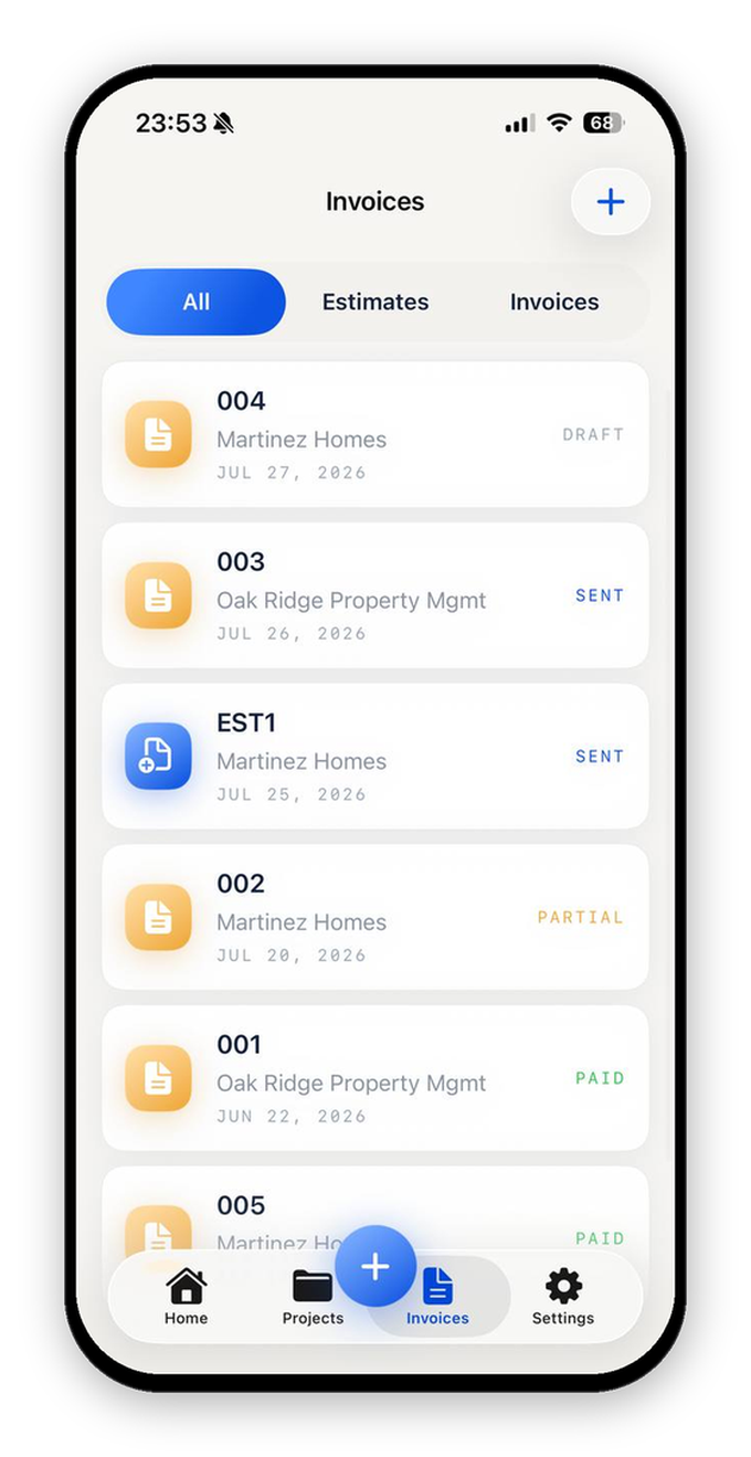 VanReceipts estimates and invoices on iPhone