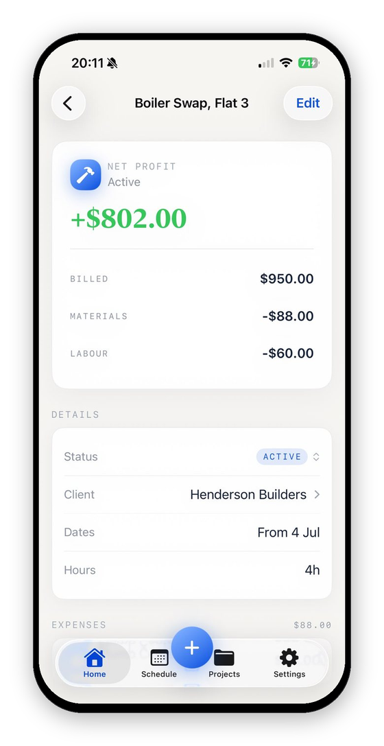 A job in VanReceipts showing costs and profit
