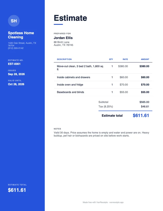 Cleaning estimate template in the Modern design, filled with a sample job