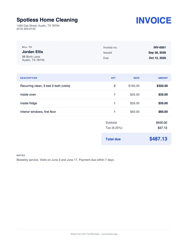 Cleaning invoice template in the Classic design, filled with a sample job