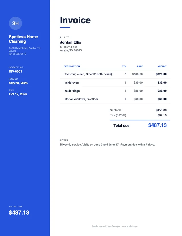 Cleaning invoice template in the Modern design, filled with a sample job