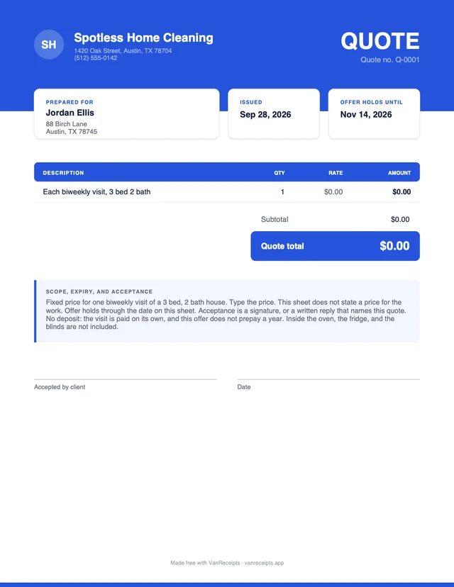 Cleaning quote template in the Bold design, filled with a sample job