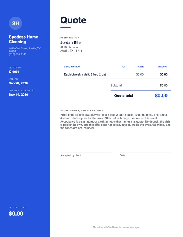 Cleaning quote template in the Modern design, filled with a sample job