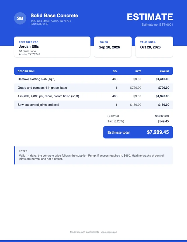 Concrete estimate template in the Bold design, filled with a sample job