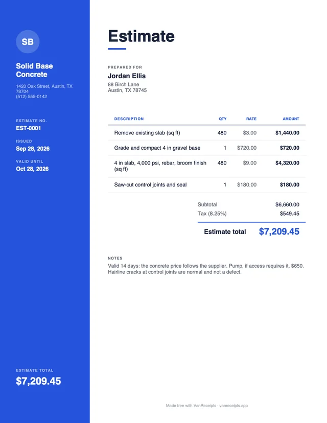Concrete estimate template in the Modern design, filled with a sample job