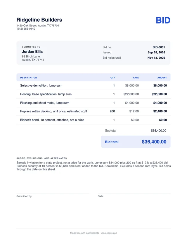 Construction bid template in the Classic design, filled with a sample job