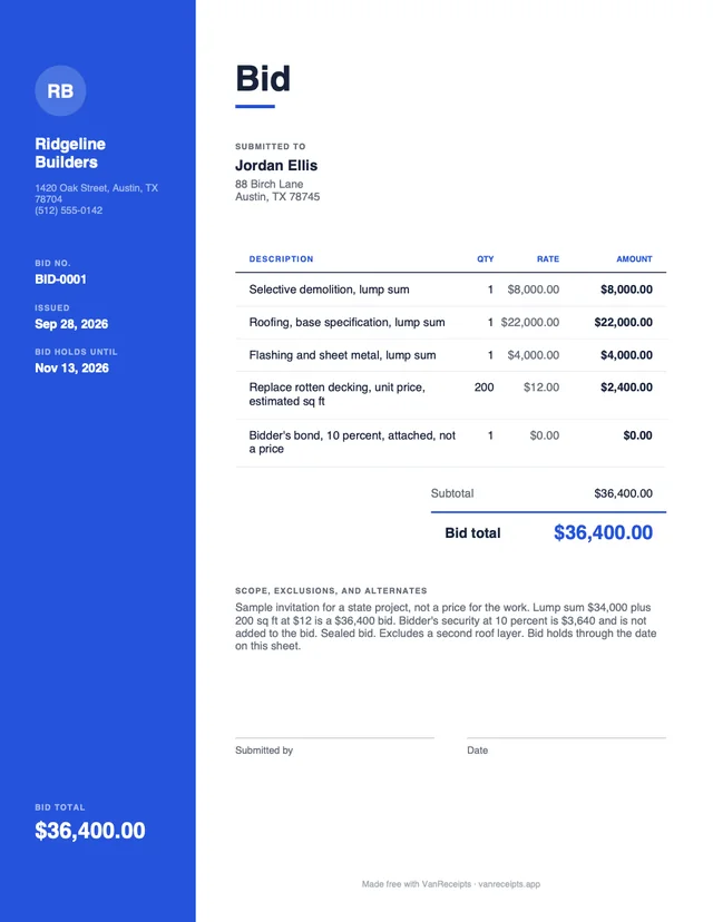 Construction bid template in the Modern design, filled with a sample job