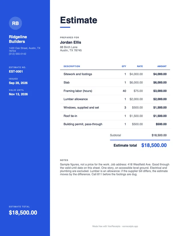 Construction estimate example in the Modern design, filled with a sample job