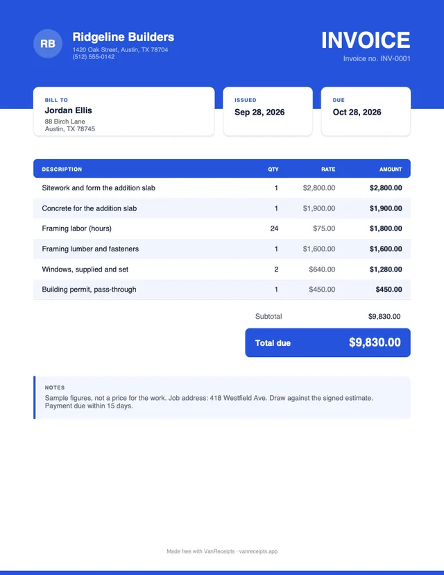 Construction invoice template in the Bold design, filled with a sample job