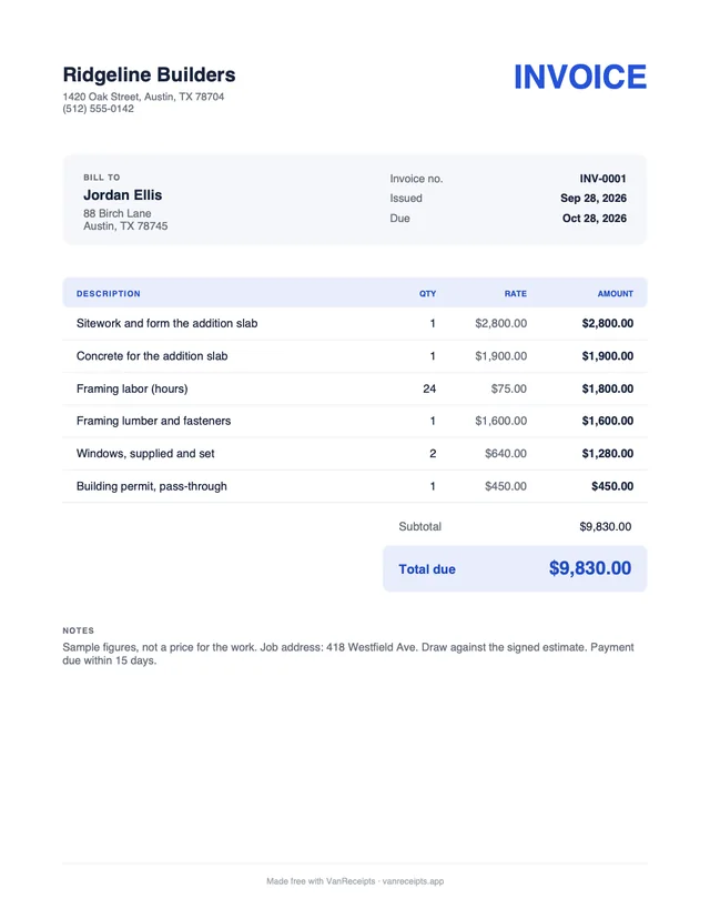 Construction invoice template in the Classic design, filled with a sample job