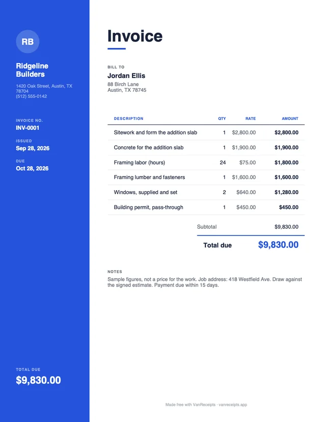 Construction invoice template in the Modern design, filled with a sample job