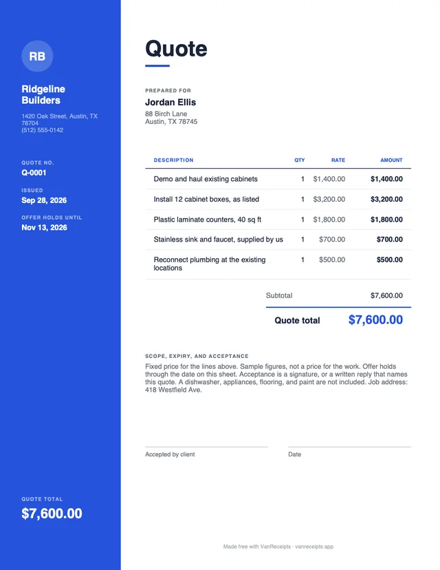 Construction quote template in the Modern design, filled with a sample job