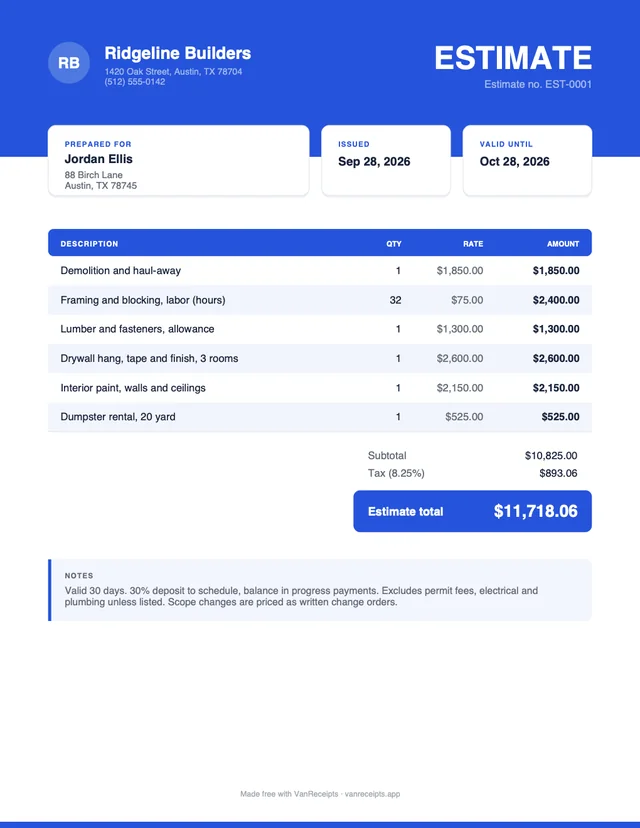 Contractor estimate template in the Bold design, filled with a sample job