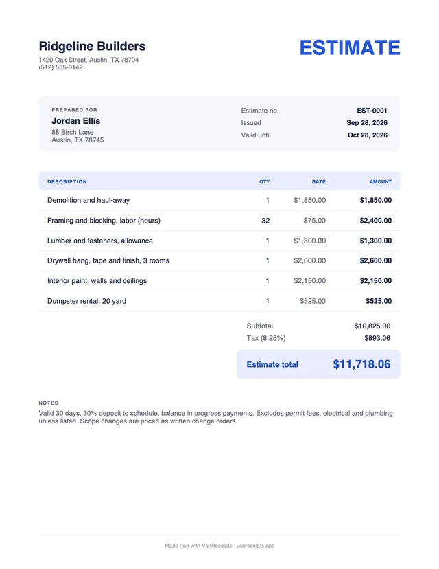 Contractor estimate template in the Classic design, filled with a sample job