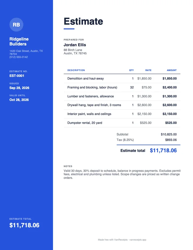 Contractor estimate template in the Modern design, filled with a sample job