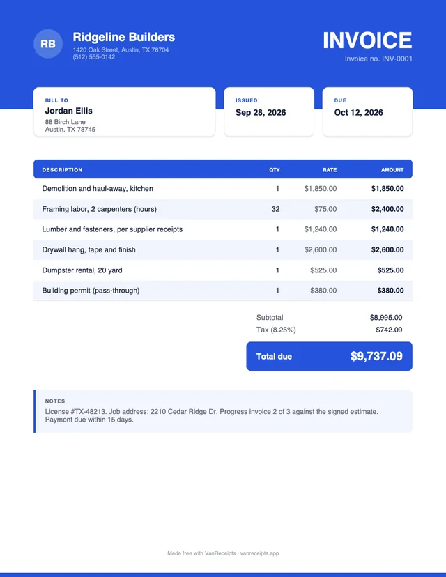 Contractor invoice template in the Bold design, filled with a sample job