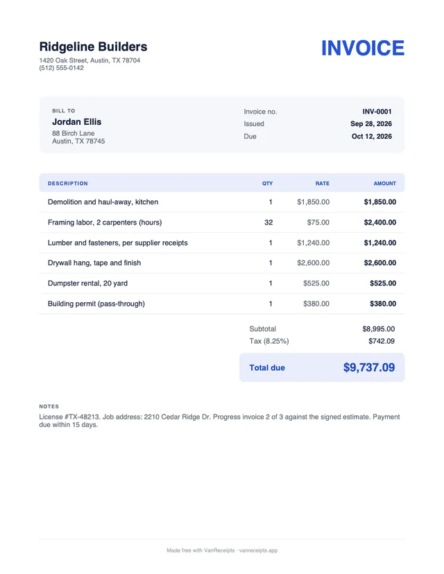 Contractor invoice template in the Classic design, filled with a sample job