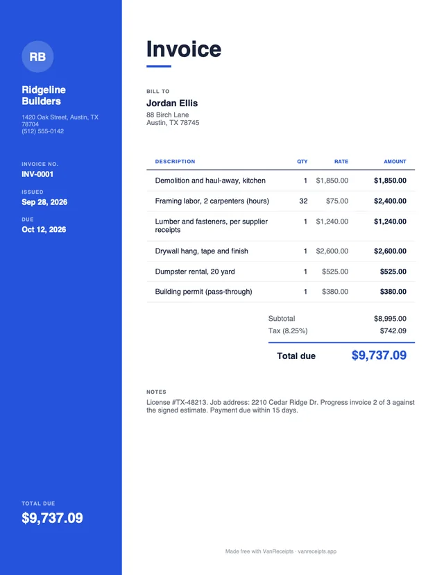 Contractor invoice template in the Modern design, filled with a sample job