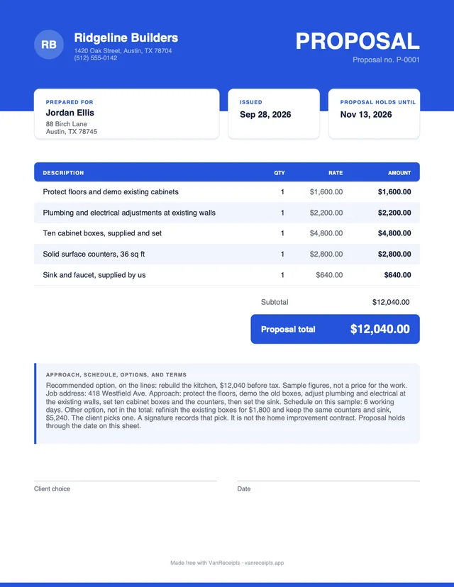 Contractor proposal template in the Bold design, filled with a sample job