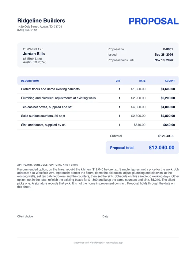 Contractor proposal template in the Classic design, filled with a sample job