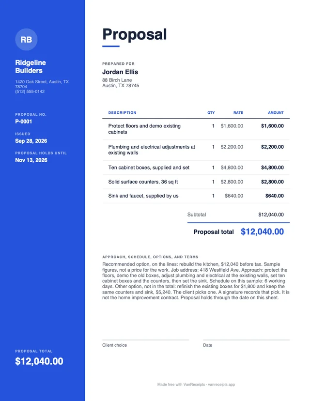 Contractor proposal template in the Modern design, filled with a sample job