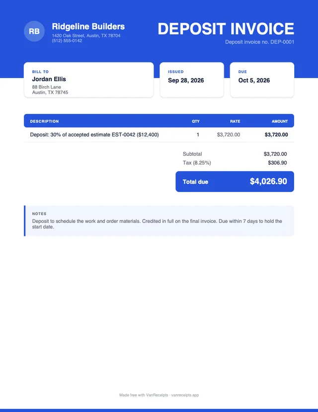Deposit invoice template in the Bold design, filled with a sample job