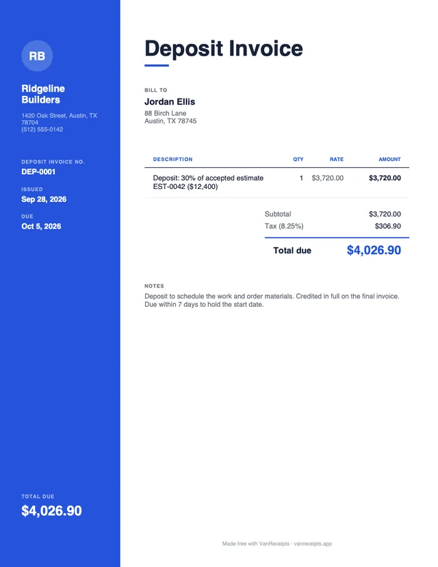 Deposit invoice template in the Modern design, filled with a sample job