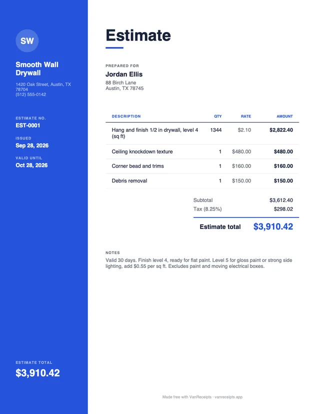 Drywall estimate template in the Modern design, filled with a sample job