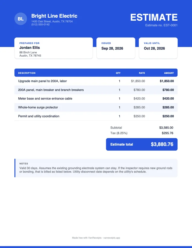 Electrical estimate template in the Bold design, filled with a sample job