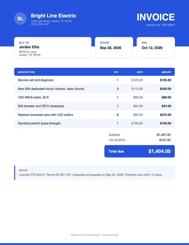 Electrical invoice template in the Bold design, filled with a sample job
