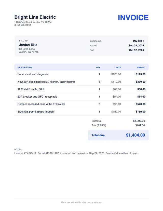 Electrical invoice template in the Classic design, filled with a sample job