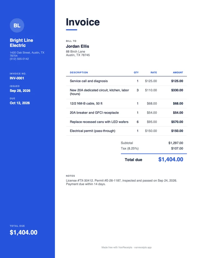 Electrical invoice template in the Modern design, filled with a sample job