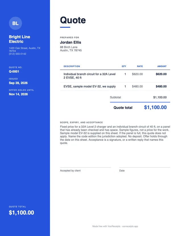 Electrical quote template in the Modern design, filled with a sample job