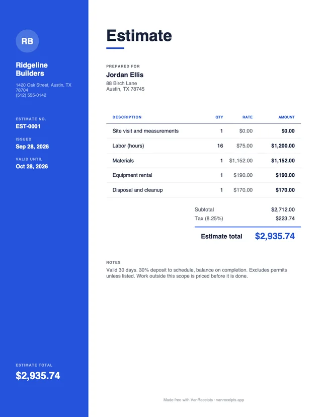 Free estimate template in the Modern design, filled with a sample job