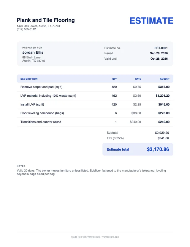 Flooring estimate template in the Classic design, filled with a sample job