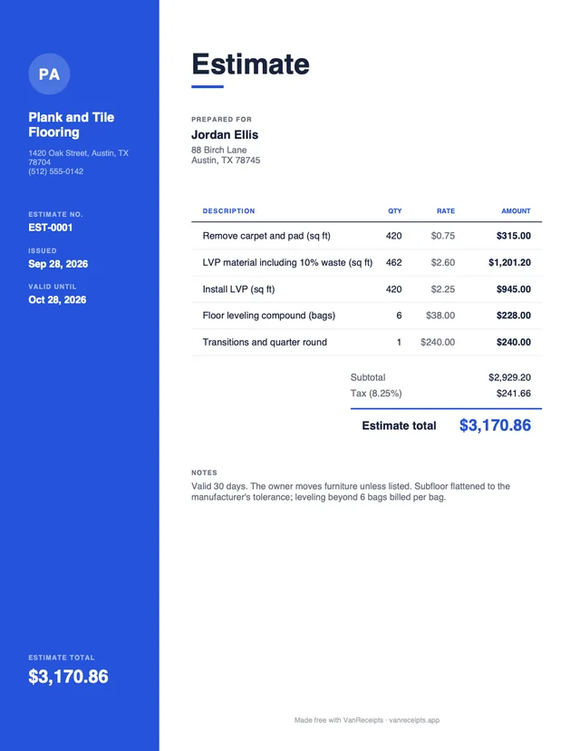 Flooring estimate template in the Modern design, filled with a sample job