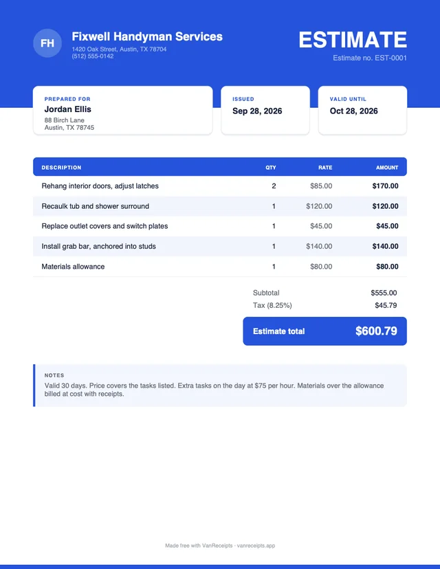 Handyman estimate template in the Bold design, filled with a sample job