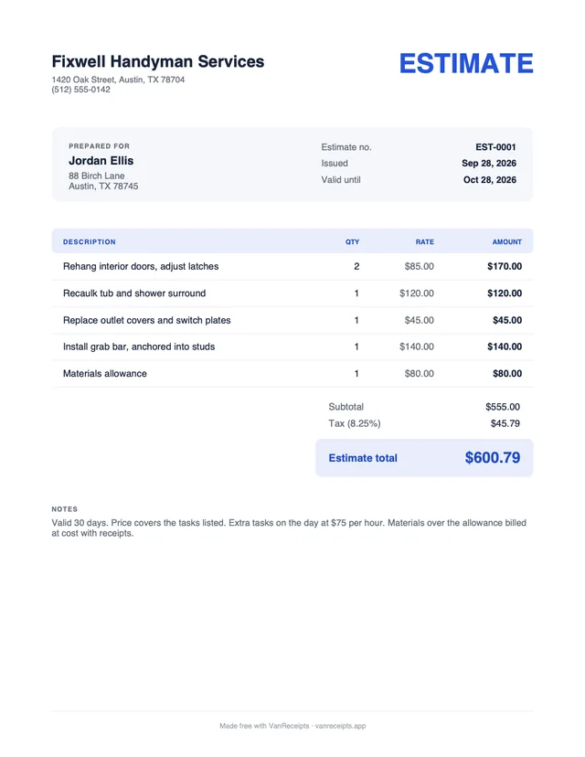 Handyman estimate template in the Classic design, filled with a sample job