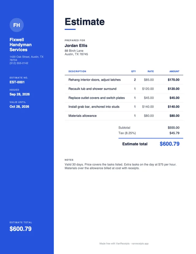 Handyman estimate template in the Modern design, filled with a sample job