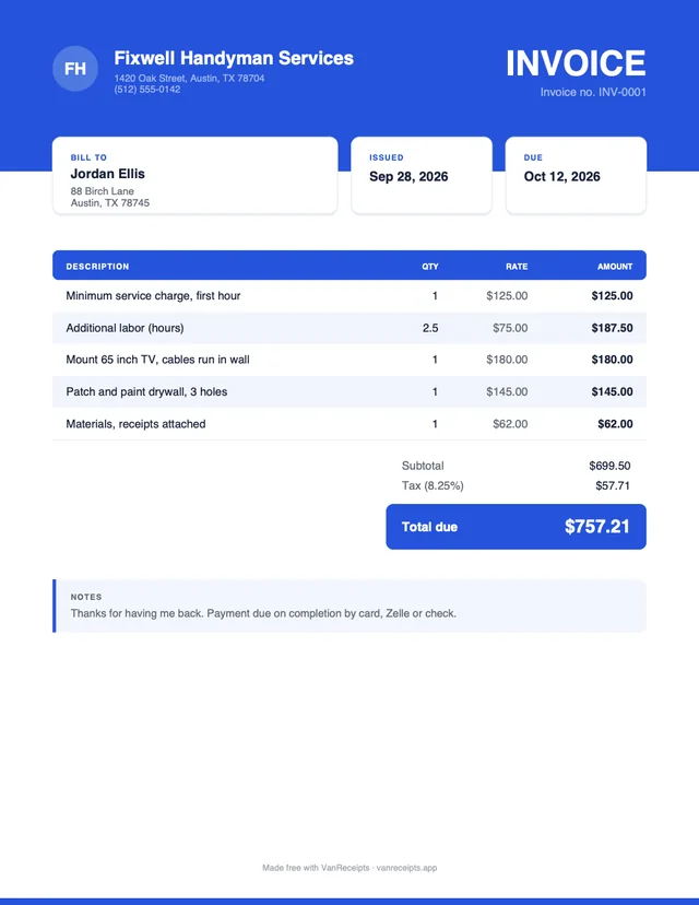 Handyman invoice template in the Bold design, filled with a sample job