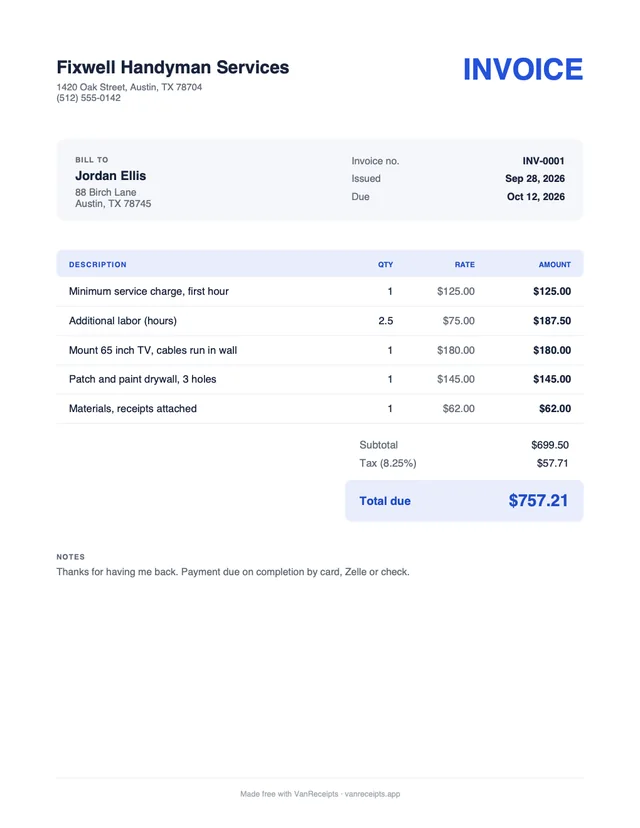 Handyman invoice template in the Classic design, filled with a sample job
