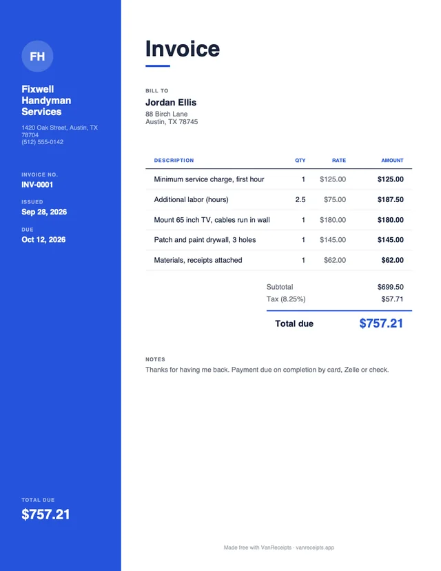 Handyman invoice template in the Modern design, filled with a sample job