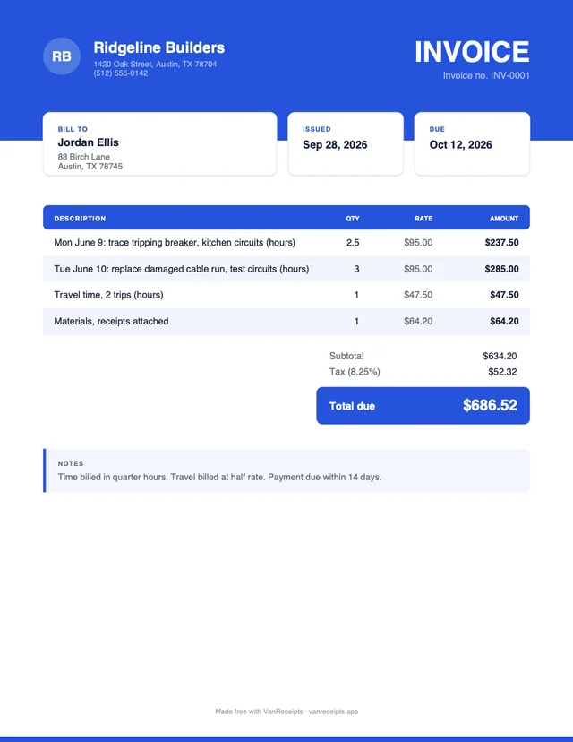 Hourly invoice template in the Bold design, filled with a sample job