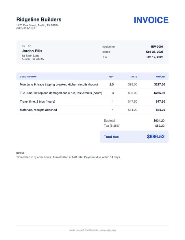 Hourly invoice template in the Classic design, filled with a sample job